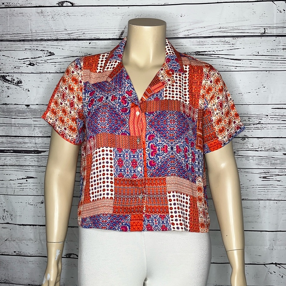 Rose & Olive NWT Size XL Bandana Patchwork Print Crop Button Up Blouse Top